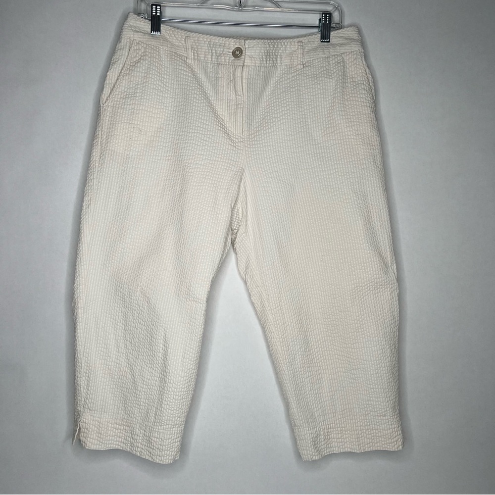 George Gingham Check Seersucker Perfect Stretch Capri Pants Cream White 12 Crop
